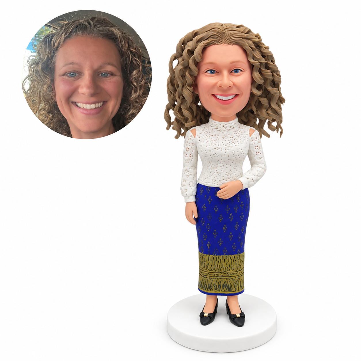custom bobblehead figure woman in a cold-shoulder lace blouse and a long pencil skirt