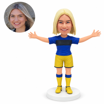 custom bobblehead figure female soccer player celebrating with both arms outstretched