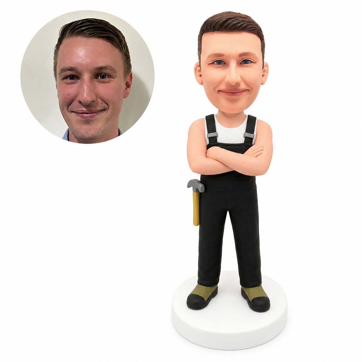 custom bobblehead figure worker in black overalls crossing his arms with a hammer at his hip