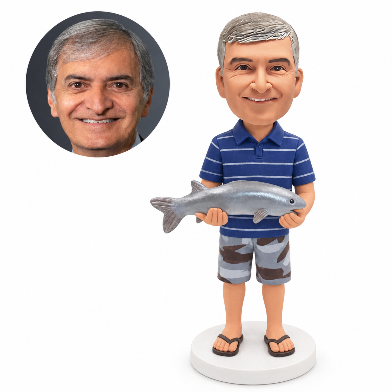 custom bobblehead figure fisherman in a striped polo and shorts supporting a fish horizontally