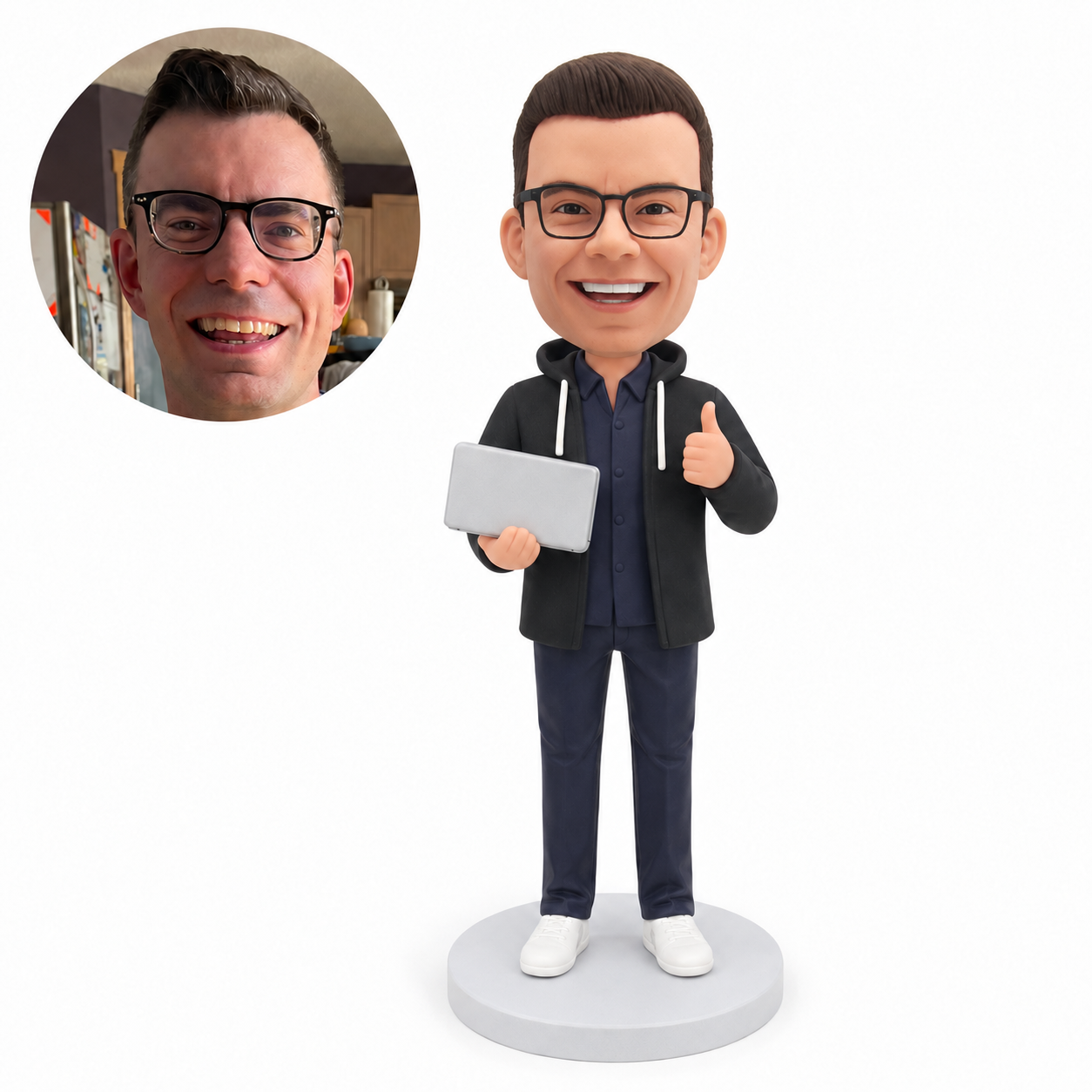 custom bobblehead figure software engineer in a hoodie holding a laptop and giving a thumbs up