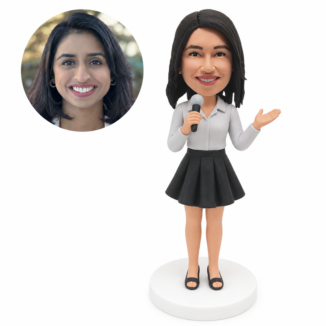 custom bobblehead figure female singer in a blouse and pleated skirt holding a microphone with one hand raised