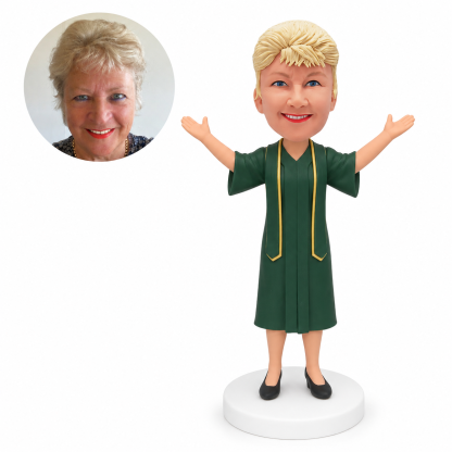 custom bobblehead figure female graduate in a short-sleeve gown raising both empty arms