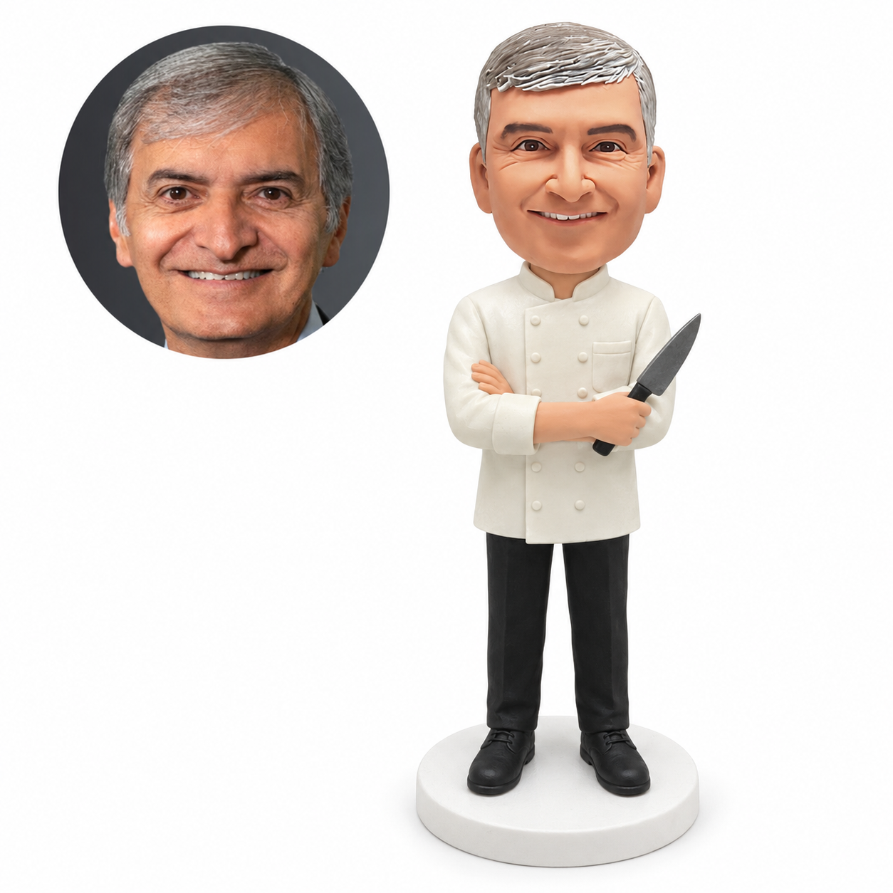 custom bobblehead figure chef with crossed arms holding a kitchen knife