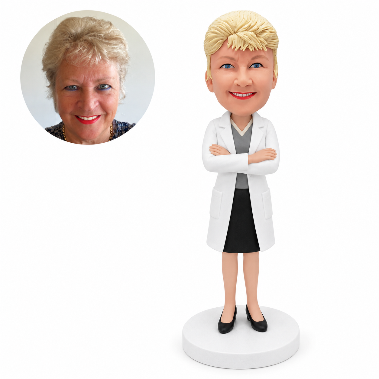 custom bobblehead figure female doctor in a lab coat and skirt with her arms crossed
