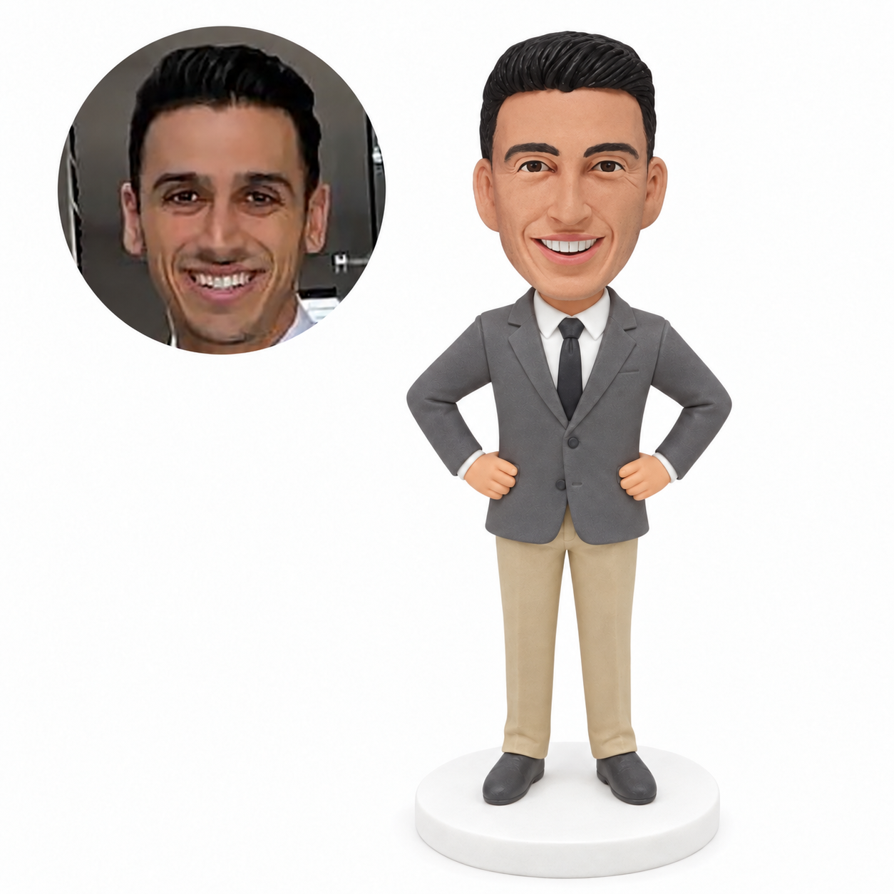 custom bobblehead figure man in a business suit with both hands on his hips