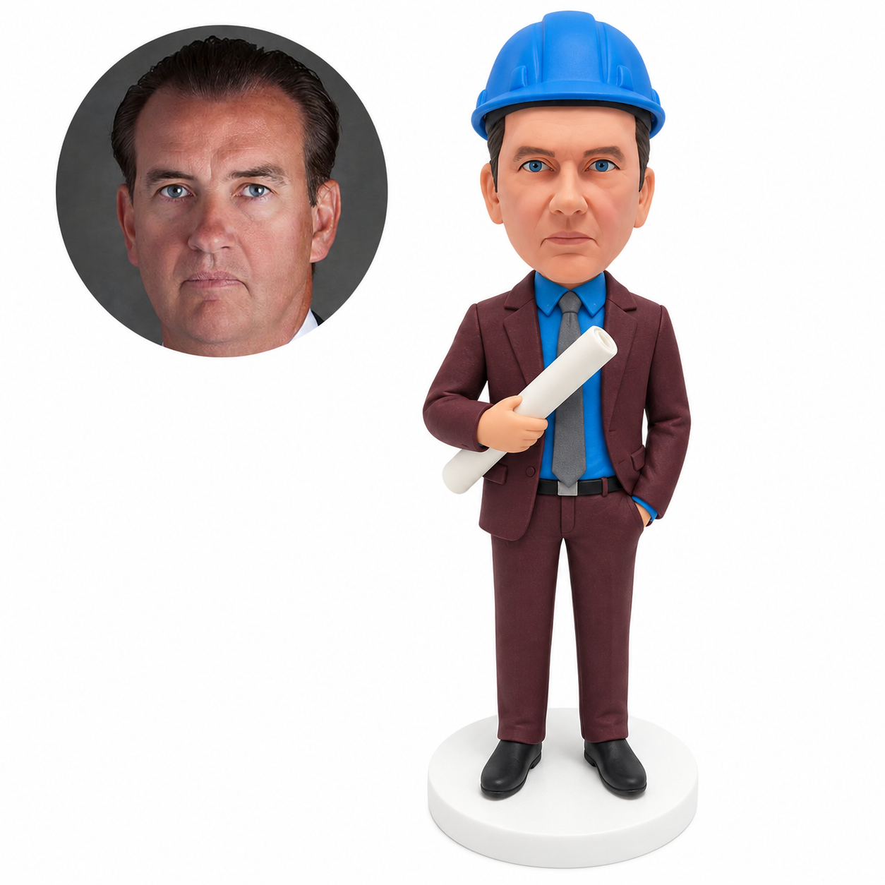 custom bobblehead figure engineer in a suit holding a rolled blueprint with a hand in his pocket