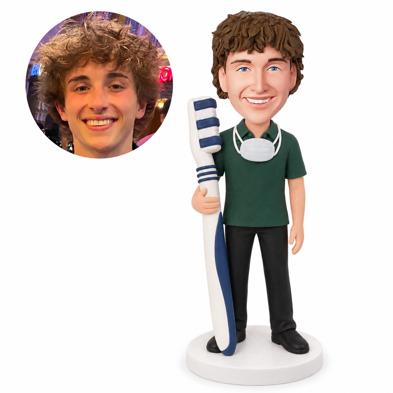 custom bobblehead figure dentist holding an oversized toothbrush
