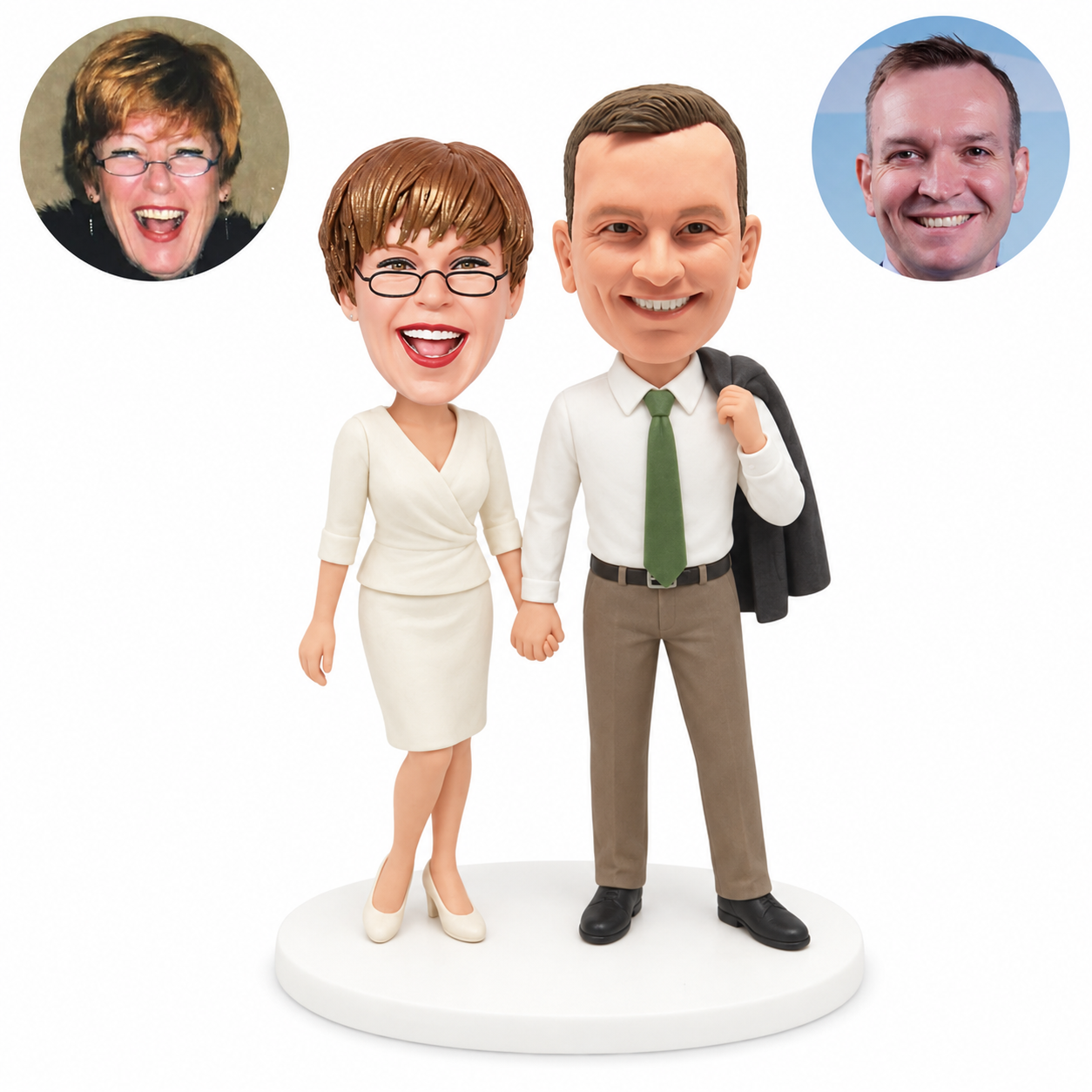 custom bobblehead figures business couple holding hands with a jacket over his shoulder