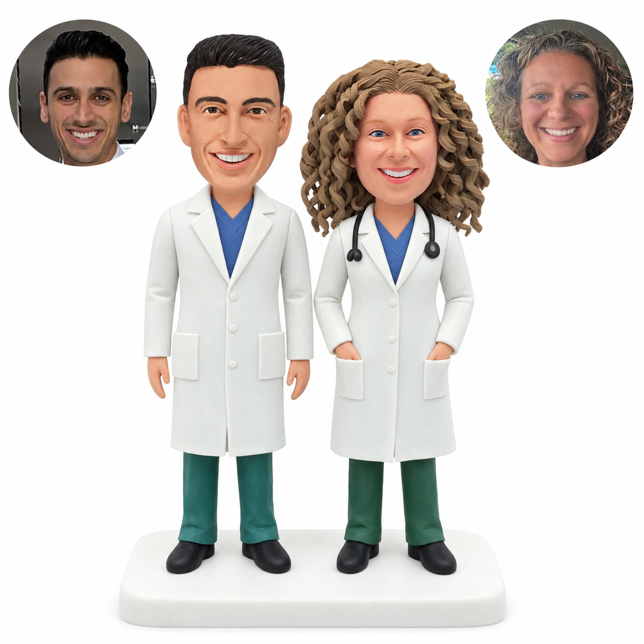 custom bobblehead figures doctor couple in lab coats with a stethoscope