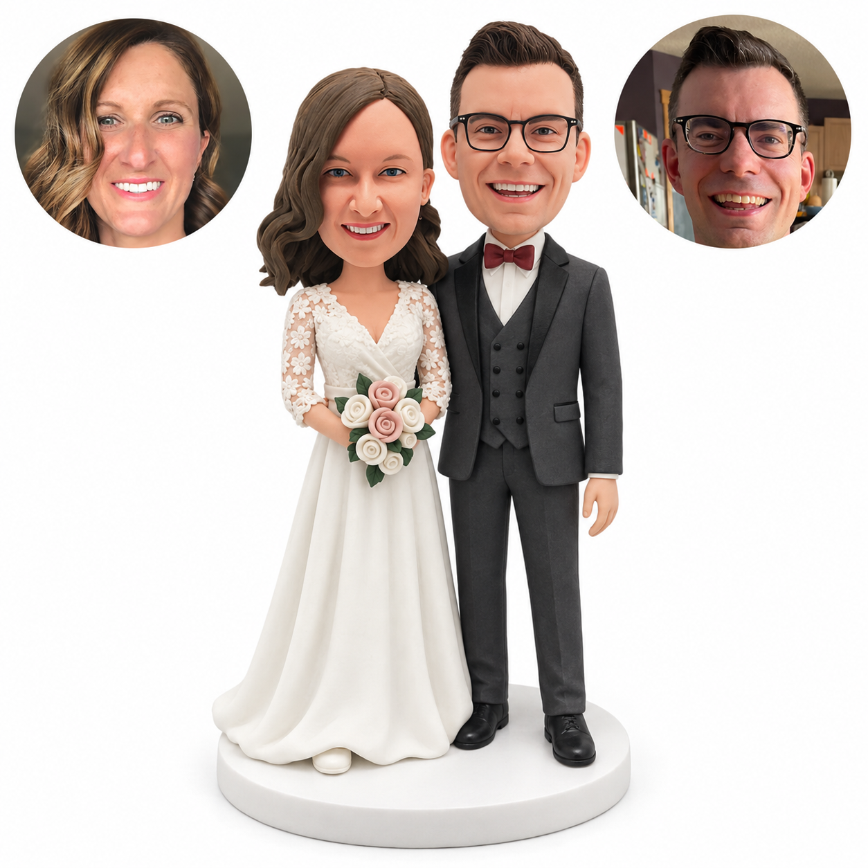 custom bobblehead figures wedding couple in a lace wrap gown and three piece tuxedo