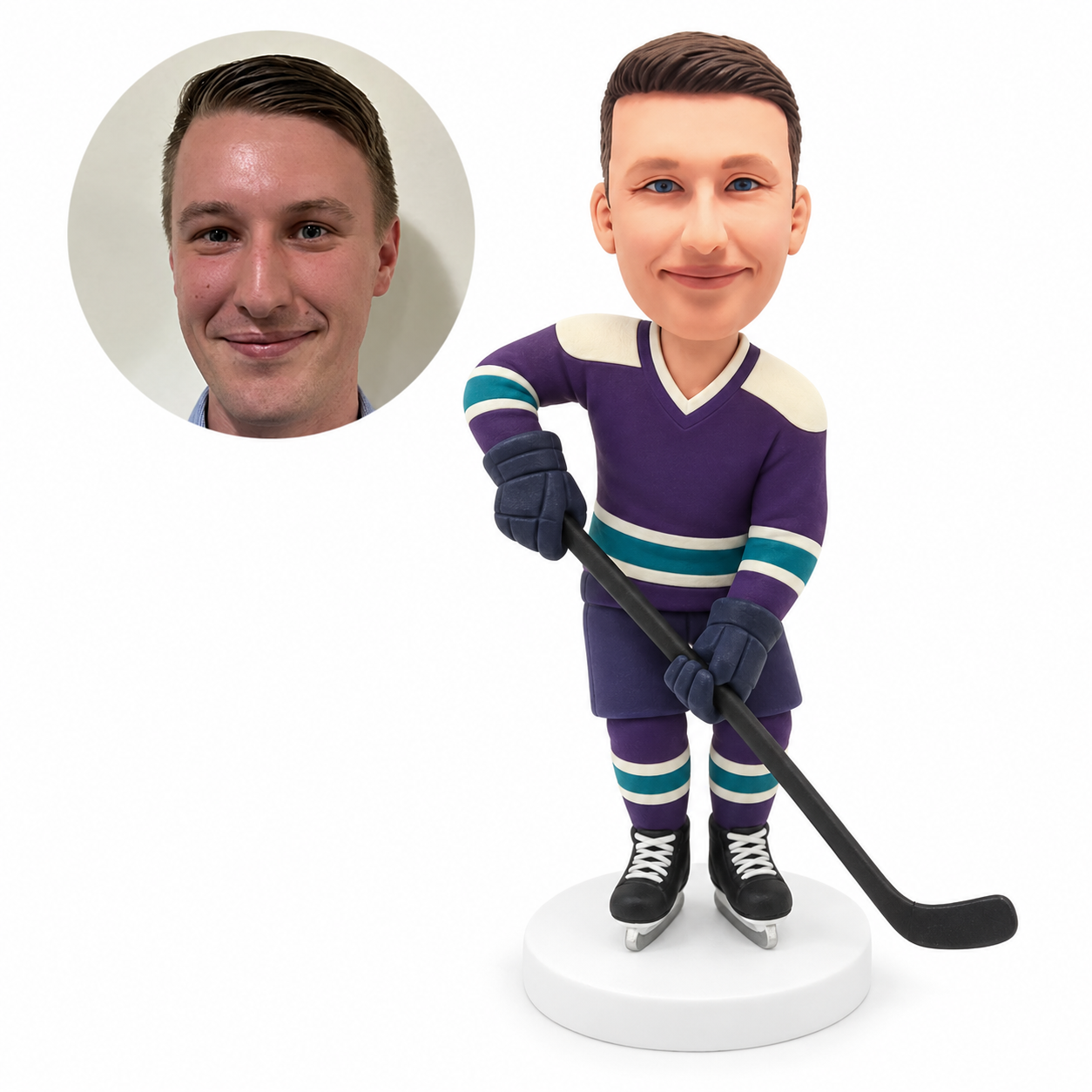 custom bobblehead figure hockey player leaning sideways with both skates together
