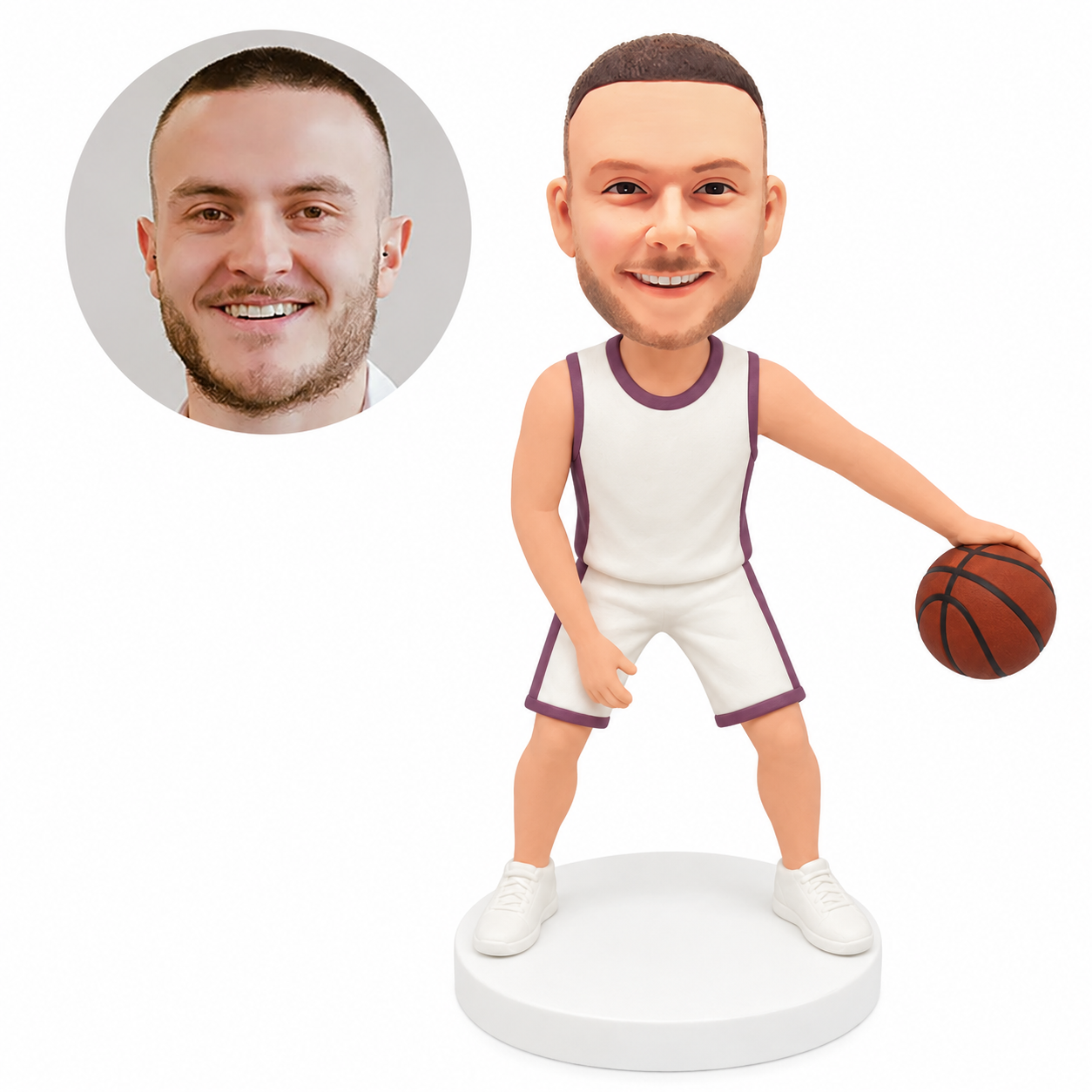 custom bobblehead figure basketball player standing wide with one arm extended sideways over a ball
