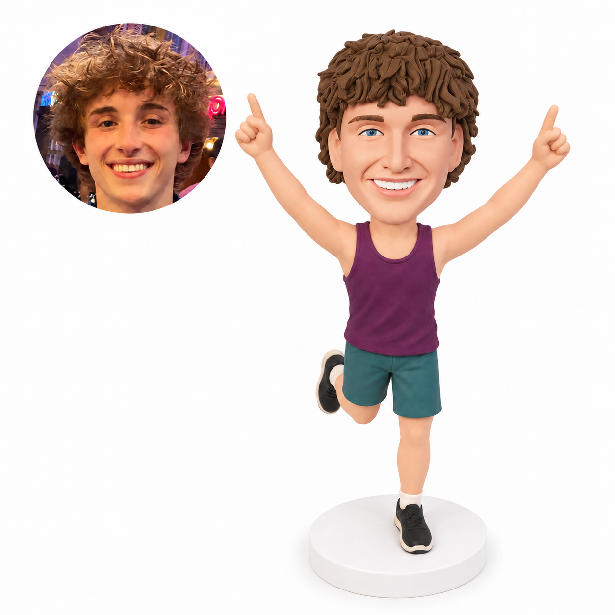 custom bobblehead figure runner balancing on one leg with both arms raised in a wide V