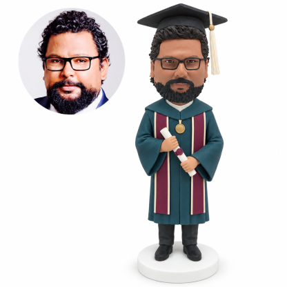 custom bobblehead figure male graduate in a bell-sleeved gown holding a diploma