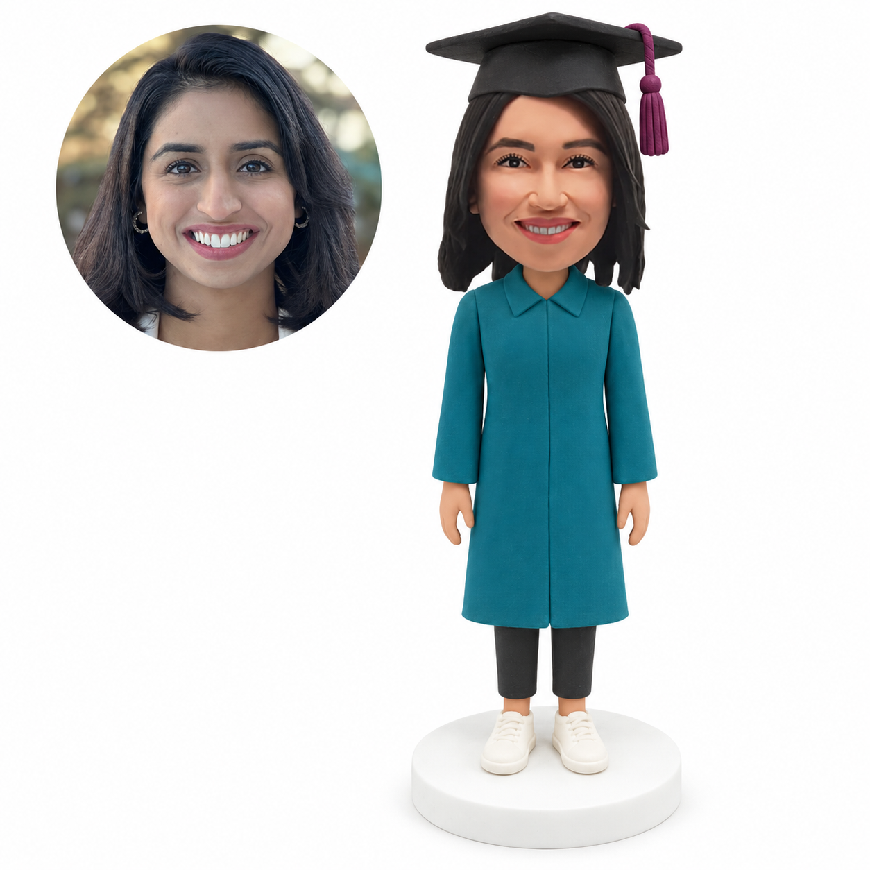 custom bobblehead figure female graduate in a straight knee-length gown and cropped trousers with both arms down