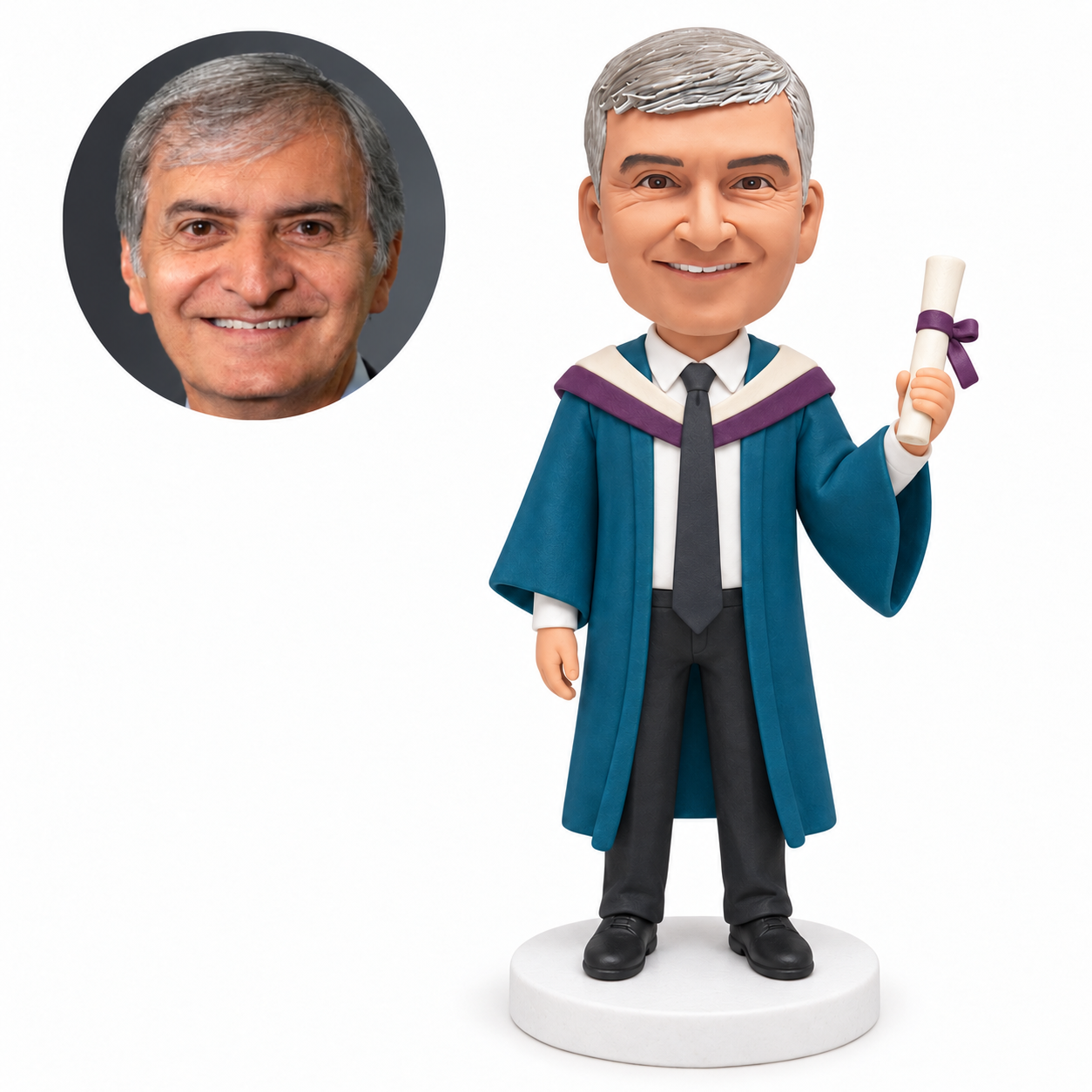 custom bobblehead figure male graduate in an open gown holding a diploma beside his shoulder