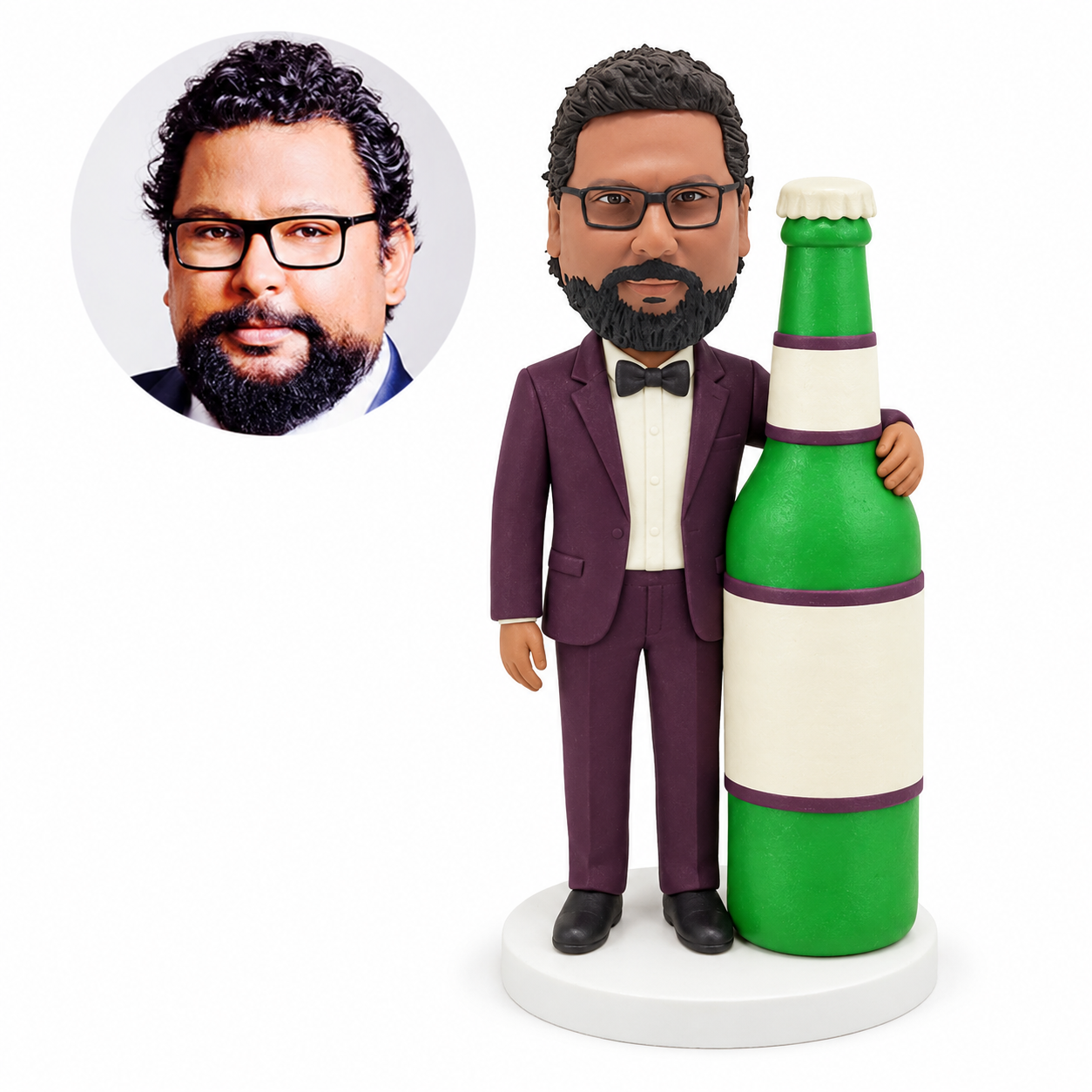 custom bobblehead figure man in a suit standing beside a giant beer bottle
