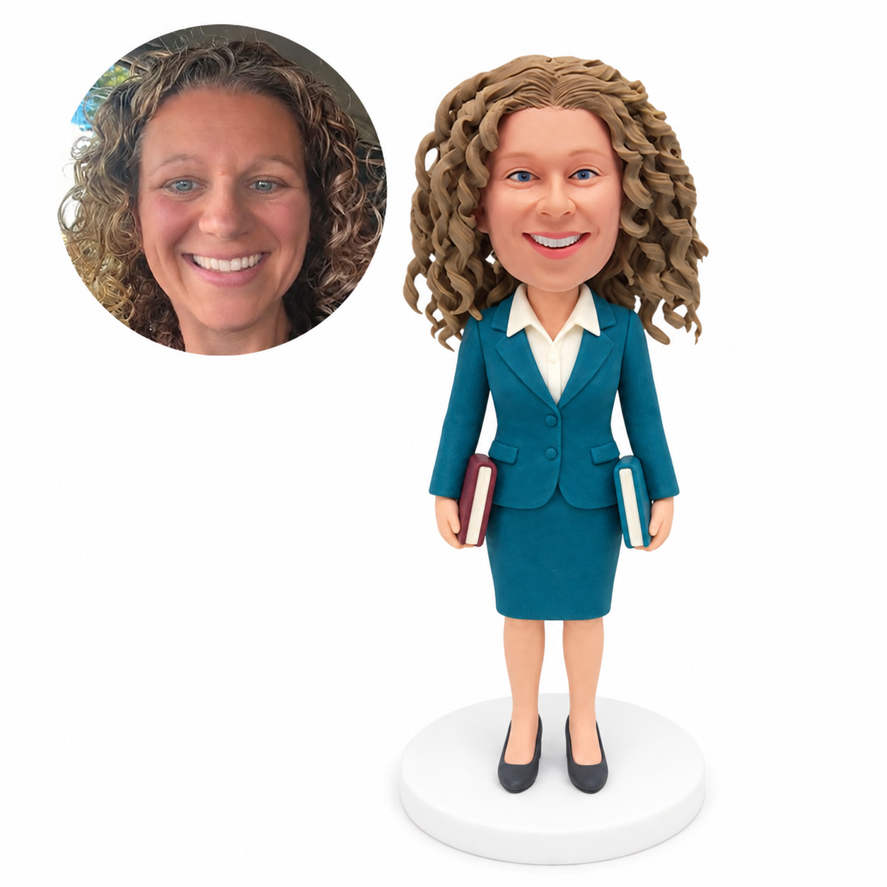 custom bobblehead figure female teacher in a skirt suit holding a book in each hand