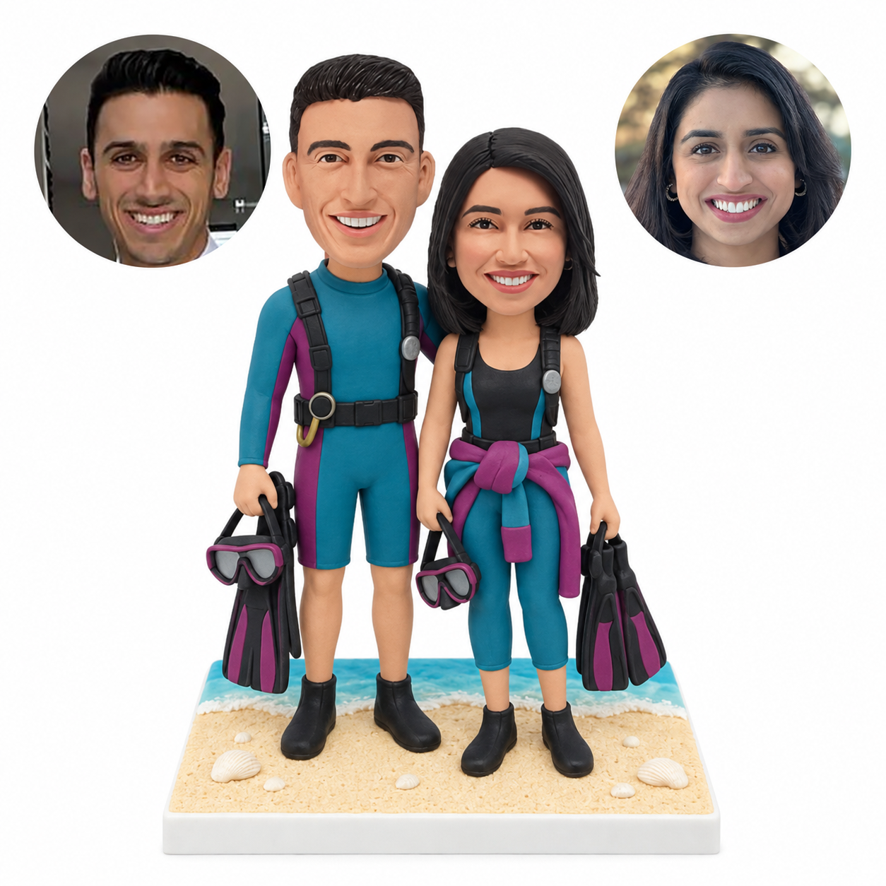 custom bobblehead figures diving couple holding masks and fins