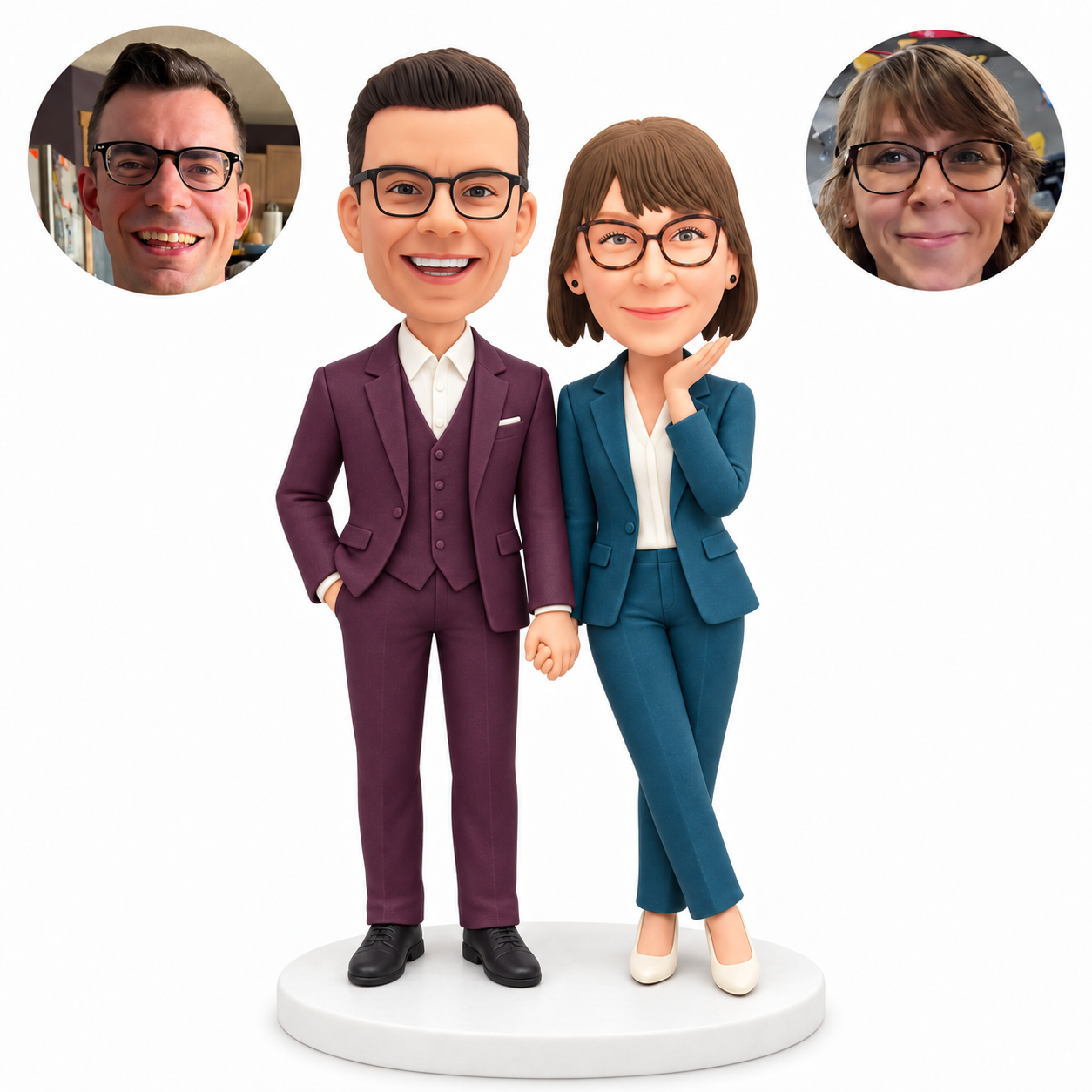 custom bobblehead figures formal couple holding hands with woman raising one hand near her chin
