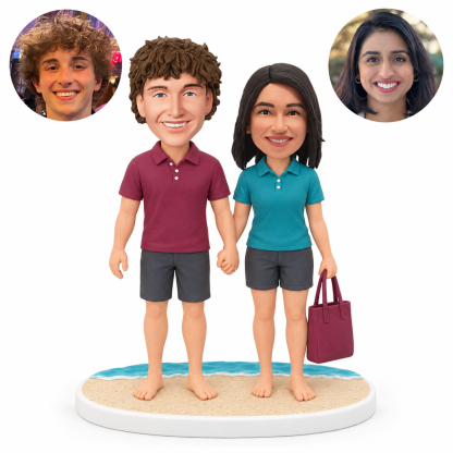 custom bobblehead figures couple in polo tops and shorts holding hands with a tote bag