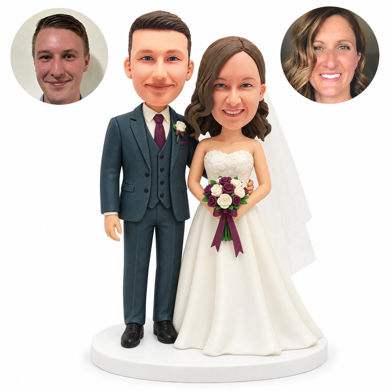 custom bobblehead figures wedding couple with bride holding a bouquet in both hands and groom around her waist