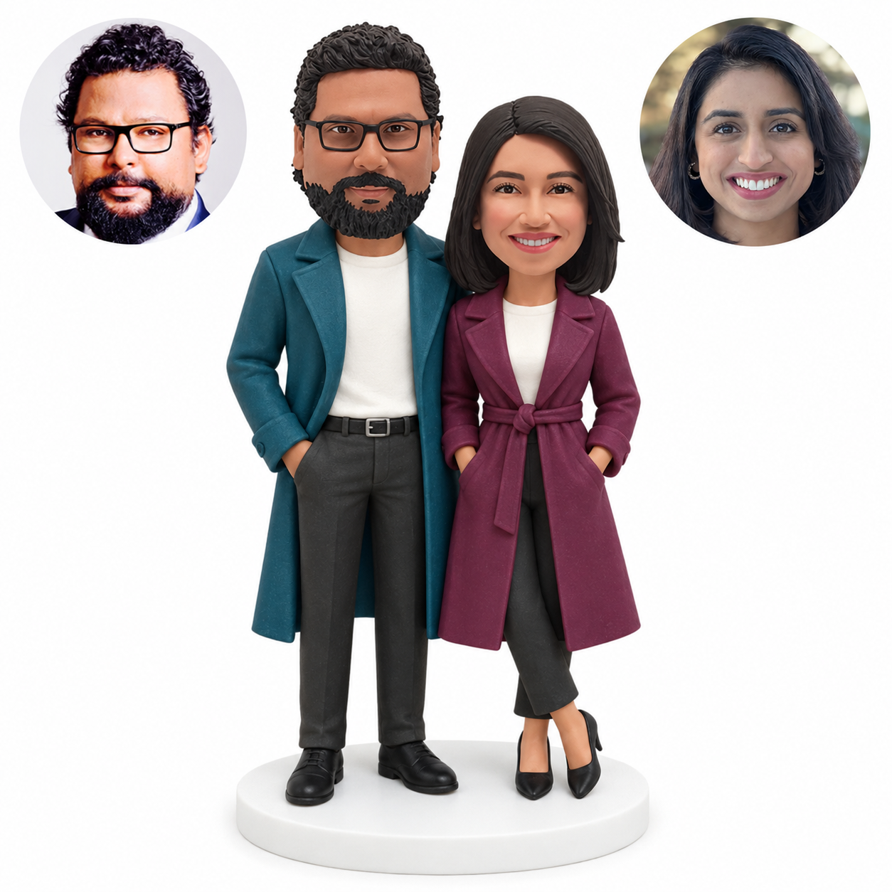 custom bobblehead figures couple with a woman keeping both hands in her coat pockets