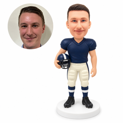 custom bobblehead figure male football player holding helmet with opposite arm down; original own-site sculpted polymer-clay head and matching human photo.
