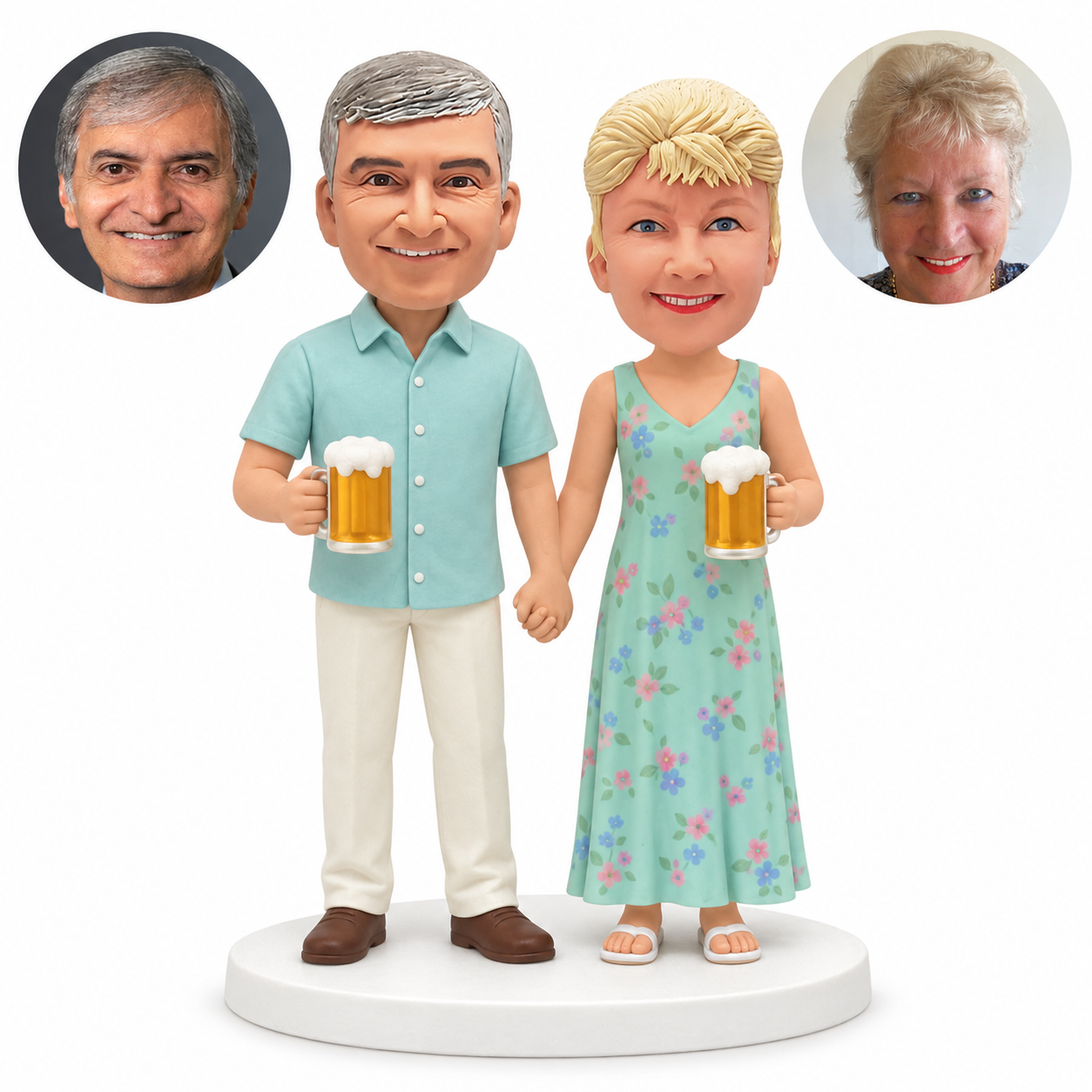 custom bobblehead figures couple holding hands each carrying a beer mug; original Bobblefigurine polymer clay heads and matching separate circular human portraits.