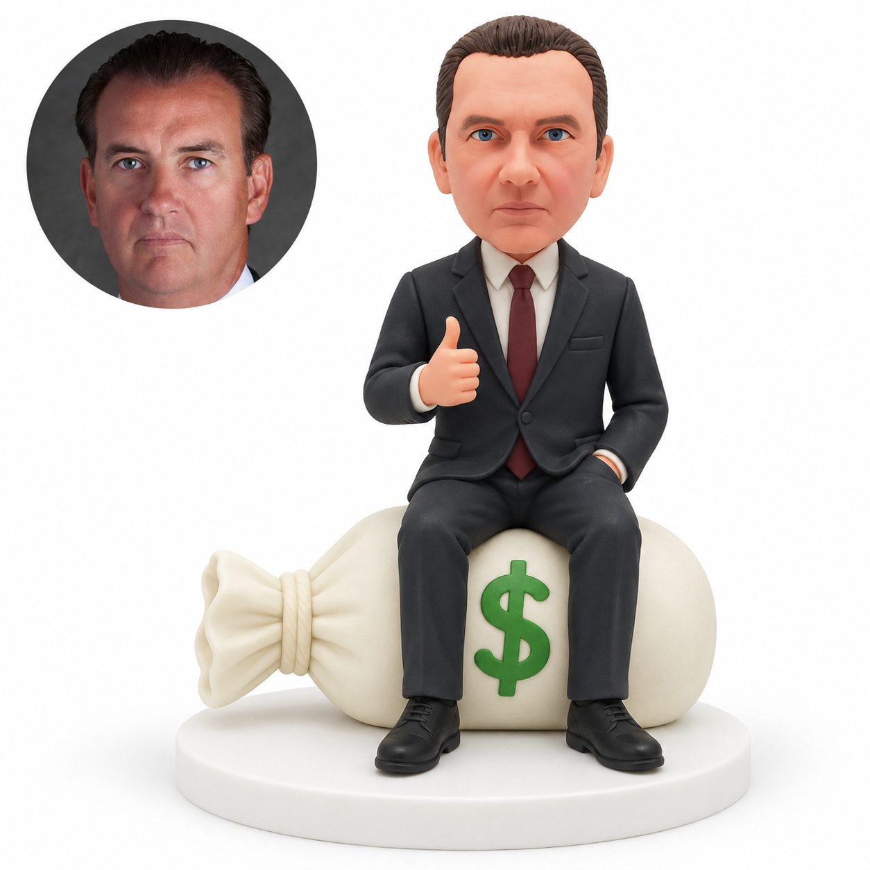 custom bobblehead figure male boss sitting on a money bag giving thumbs up