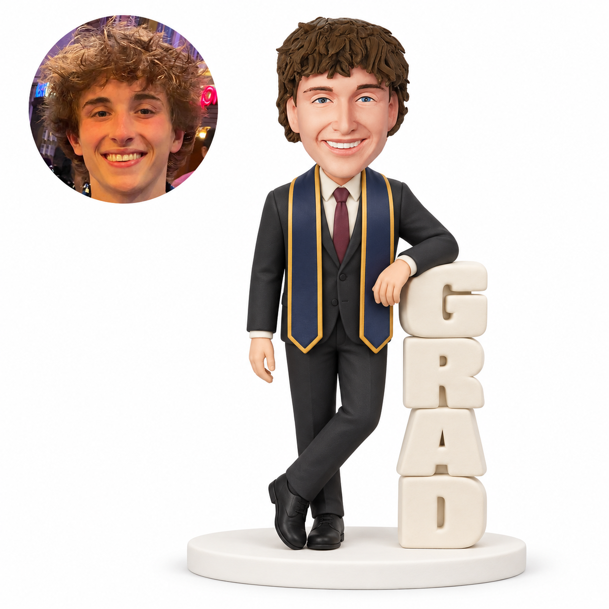custom bobblehead figure male graduate leaning on vertical grad letters