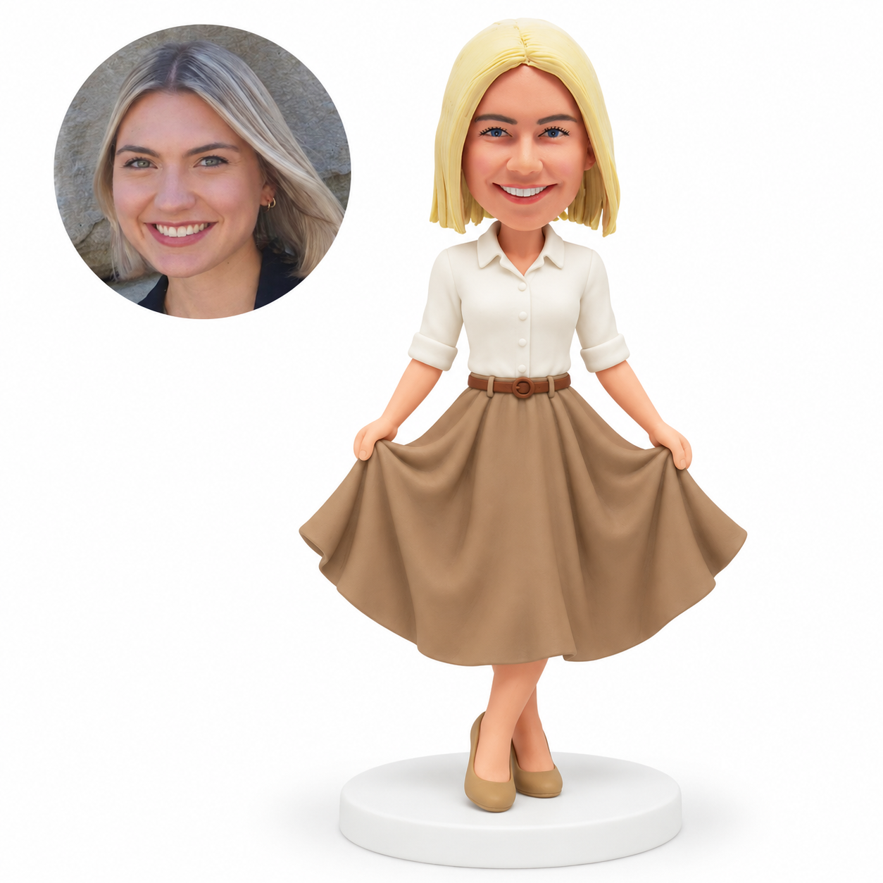 custom bobblehead figure woman holding both sides of a flared skirt