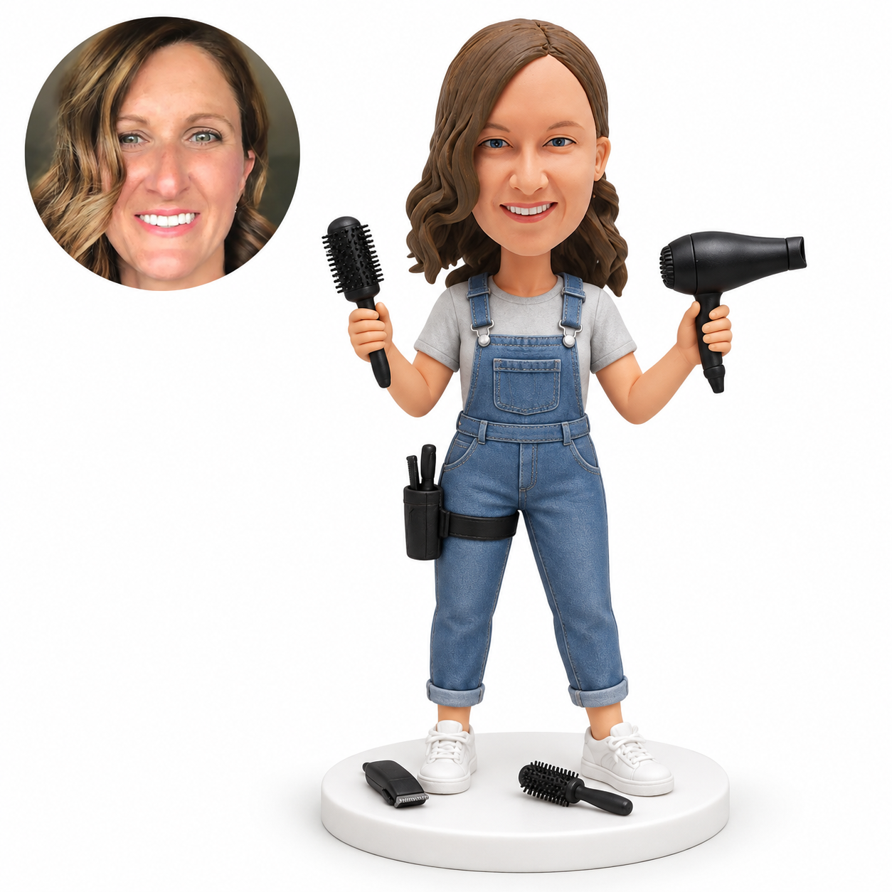 custom bobblehead figure female hairdresser in overalls holding a round brush and a hair dryer