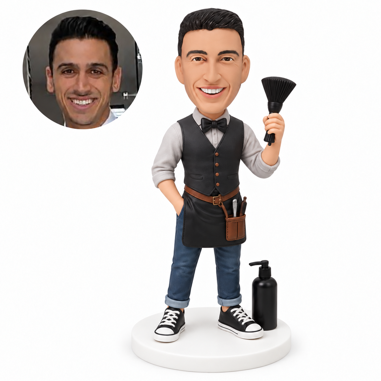 custom bobblehead figure male barber raising a neck brush beside a pump bottle