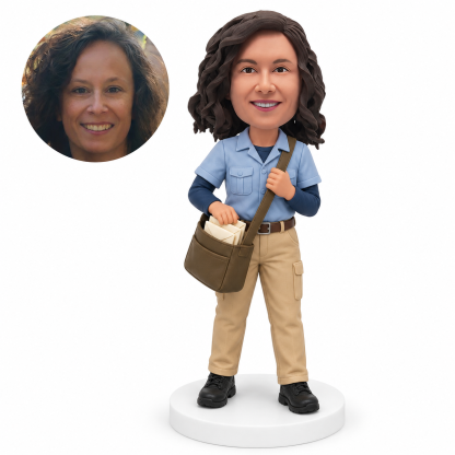 custom bobblehead figure female mail carrier reaching into an open satchel of envelopes