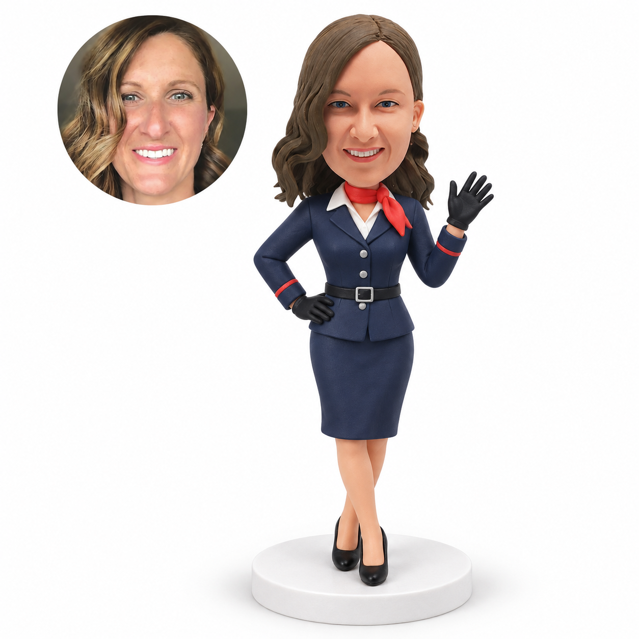 custom bobblehead figure female flight attendant waving a gloved hand with crossed ankles