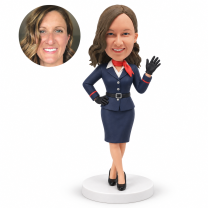 custom bobblehead figure female flight attendant waving a gloved hand with crossed ankles