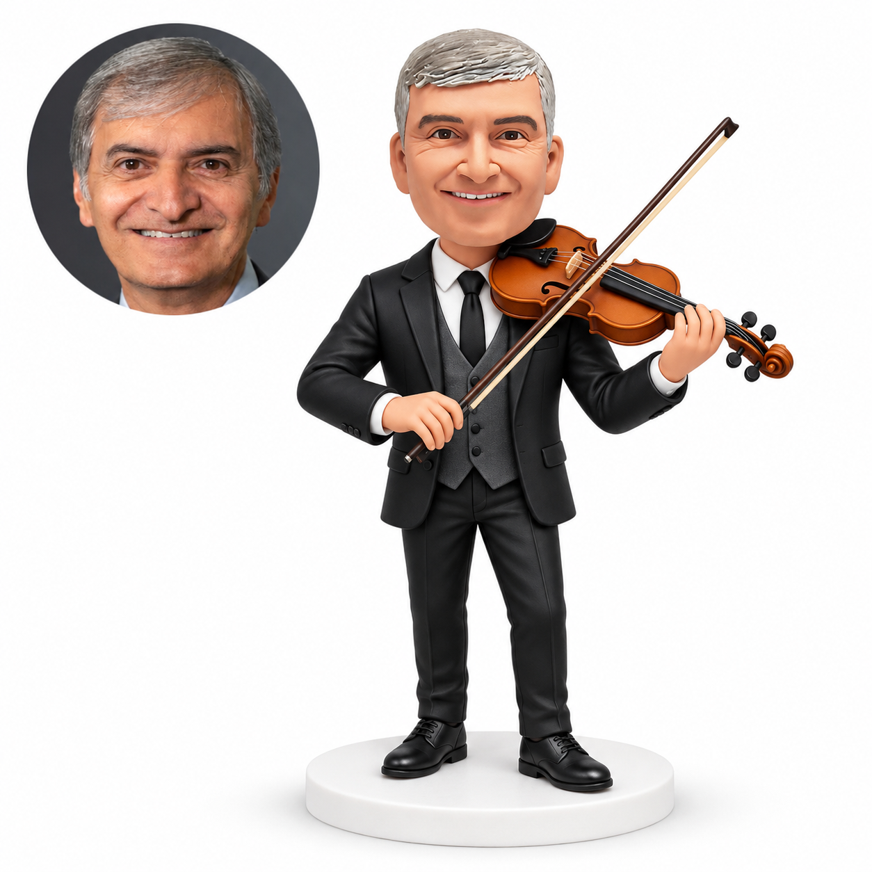 custom bobblehead figure male violinist in a three-piece suit playing the violin