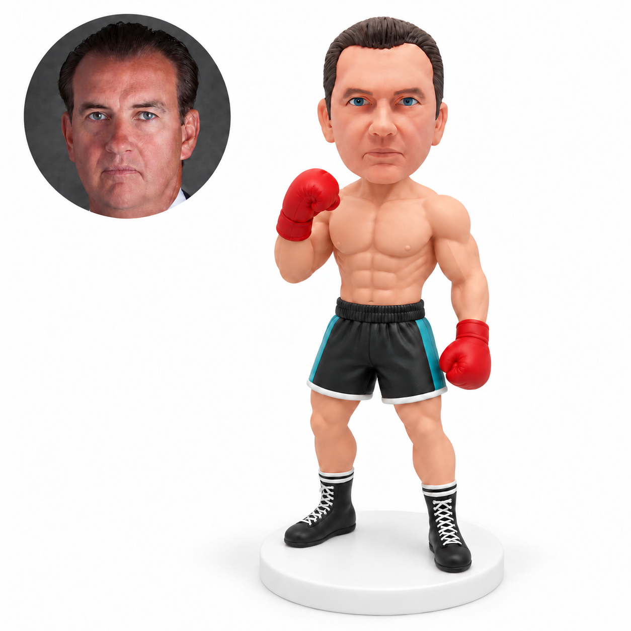 custom bobblehead figure male boxer with one glove raised and one glove lowered