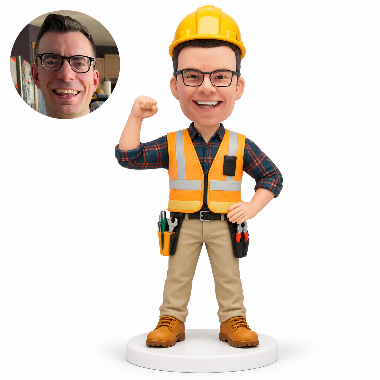 custom bobblehead figure male engineer in a hardhat with a raised fist and one hand on his hip