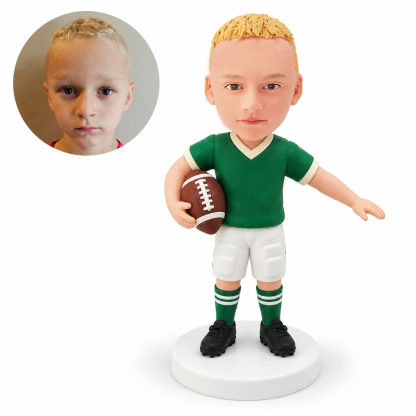 custom bobblehead figure boy football player holding a ball with one arm extended