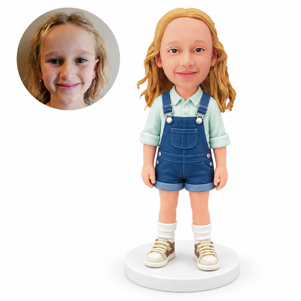 custom bobblehead figure girl in short overalls with both arms lowered