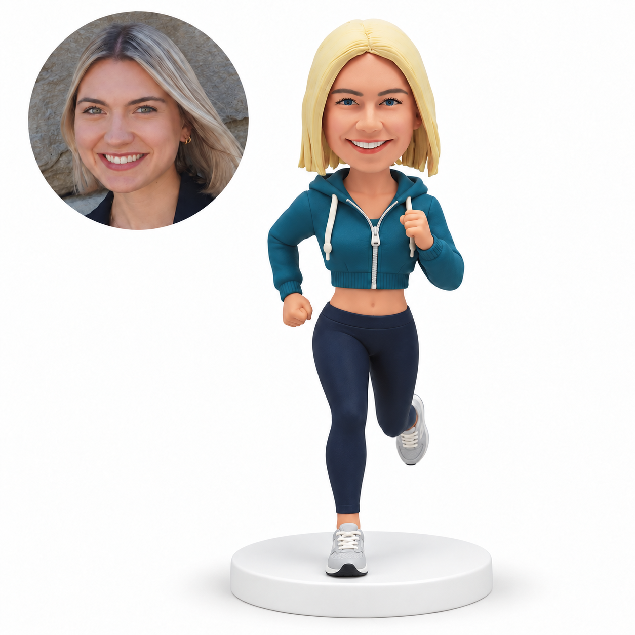 custom bobblehead figure female runner in a cropped zip hoodie and fitted leggings