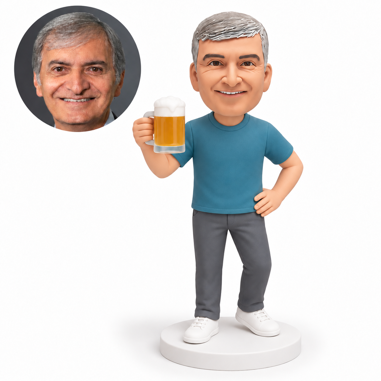 custom bobblehead figure man in a short-sleeve t-shirt and trousers raising a beer mug with one hand on his hip – original polymer-clay sculpture head and matching photo