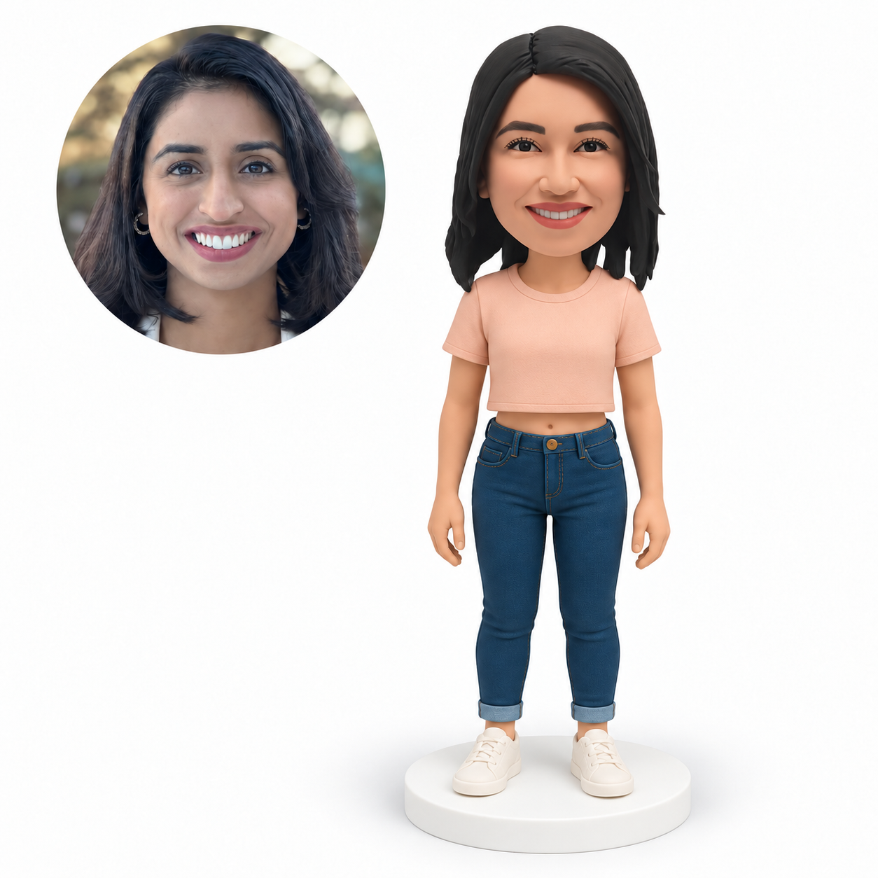 custom bobblehead figure woman in a cropped short-sleeve t-shirt and jeans with both arms down – original polymer-clay sculpture head and matching photo