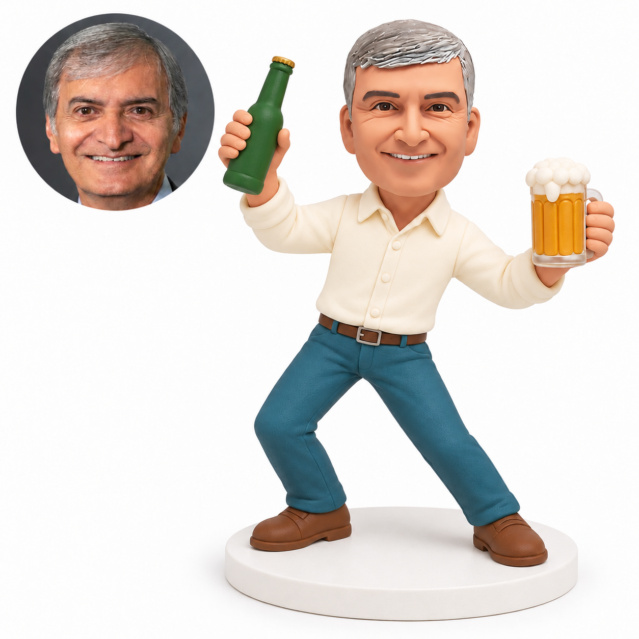 custom bobblehead figure man bending his knees while raising a beer bottle and frothy beer mug