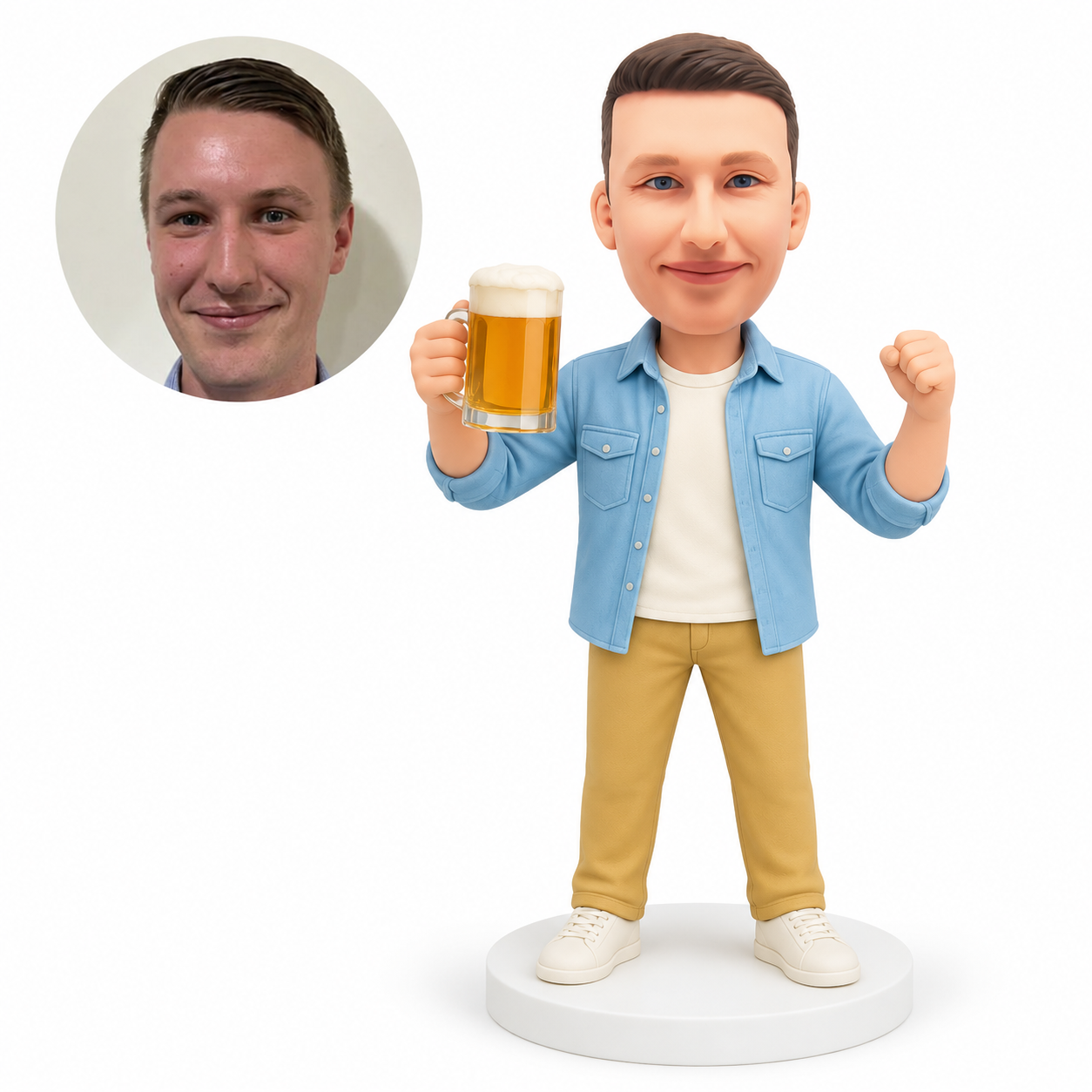 custom bobblehead figure man in an open jacket raising a beer mug and his other fist