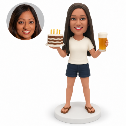 custom bobblehead figure woman in shorts holding a birthday cake and a frothy beer glass