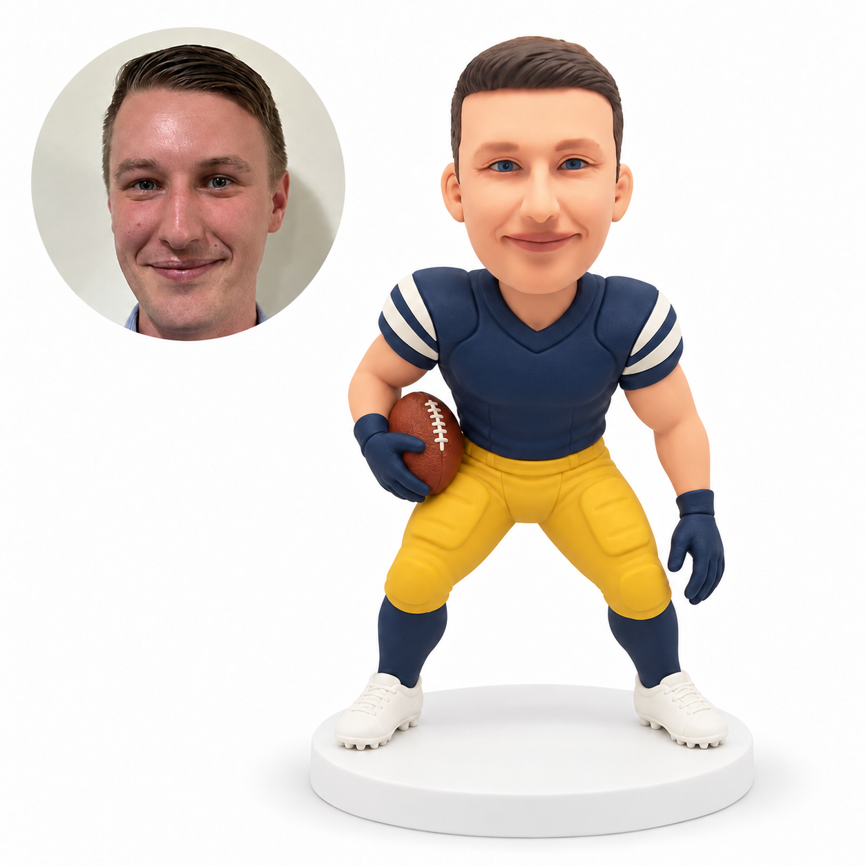 custom bobblehead figure male football player holding a ball at his hip with his other gloved hand down